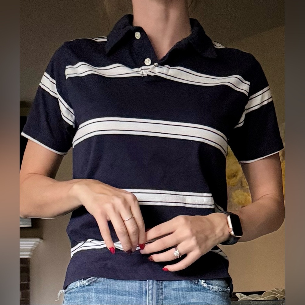 Navy Blue White Striped Polo Collared Seattle Cotton Shirt M